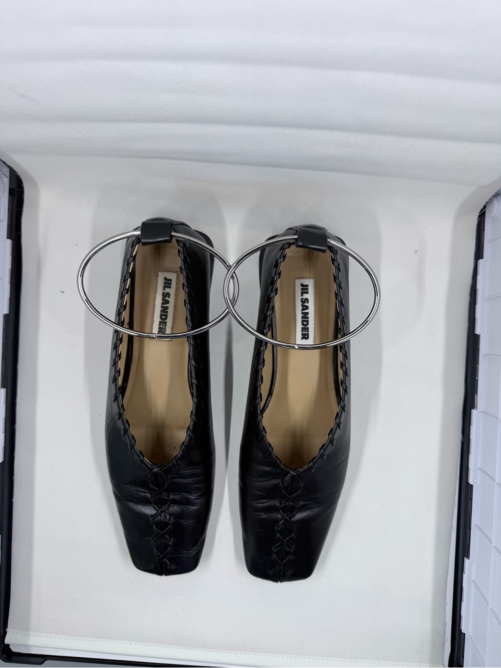 Jil Sander Black Leather Square-Toe Ballet Flats with Silver Hoop Strap